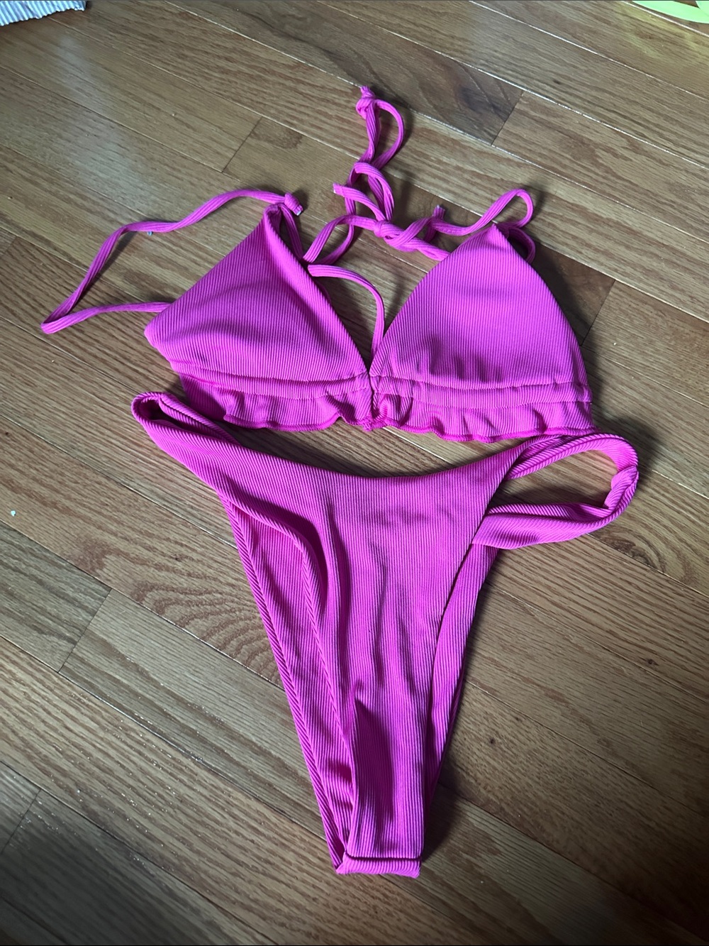 SHEIN Hot Pink Ribbed Triangle Bikini Set